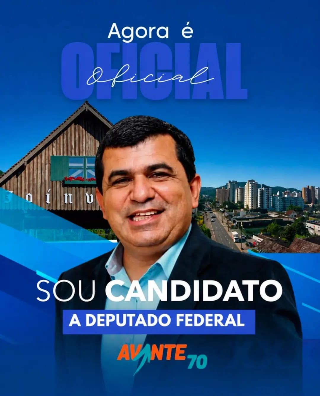 Levi Rioschi anuncia a candidatura a Deputado Federal, com Joinville ao fundo